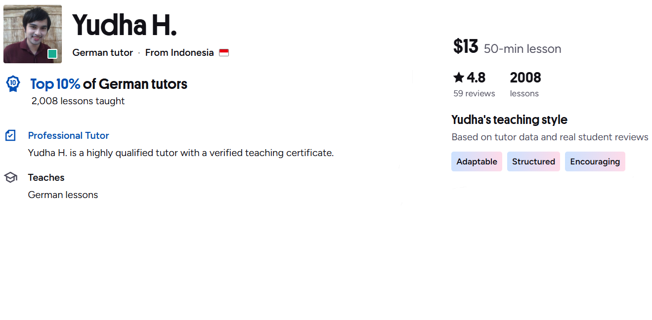 Yudha H. Verified German Tutor Stats - 4.8 Rating, 2008 Lessons